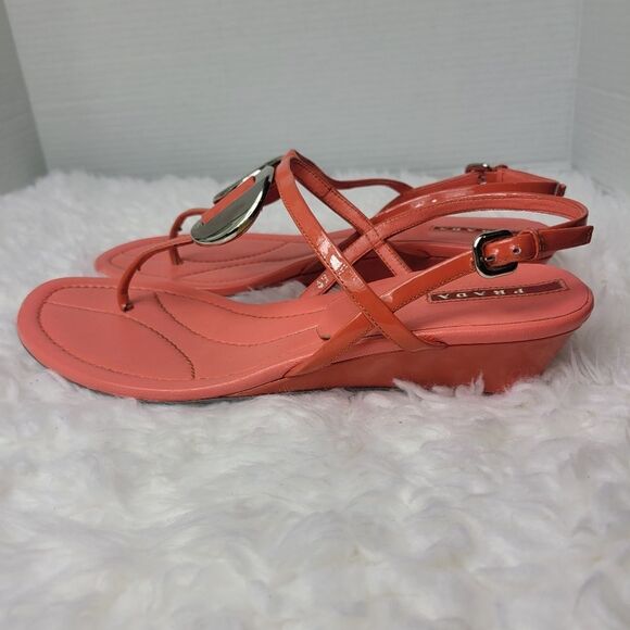 Prada Sport Womens T-Strap Sandals  Size 8.5 Patent Leather Low Wedge Slingback - Picture 3 of 11